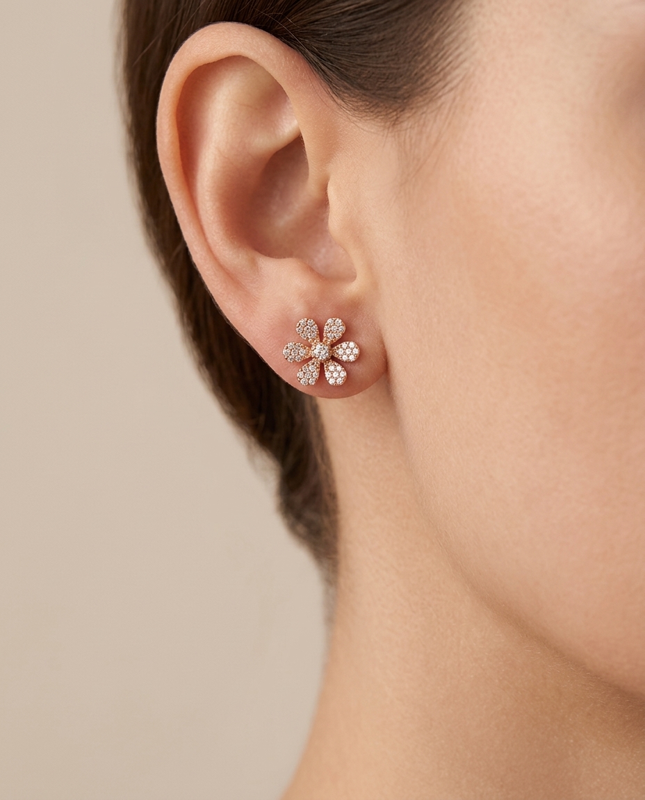 6 Petal Flower Diamond Earrings in Rose Gold on model