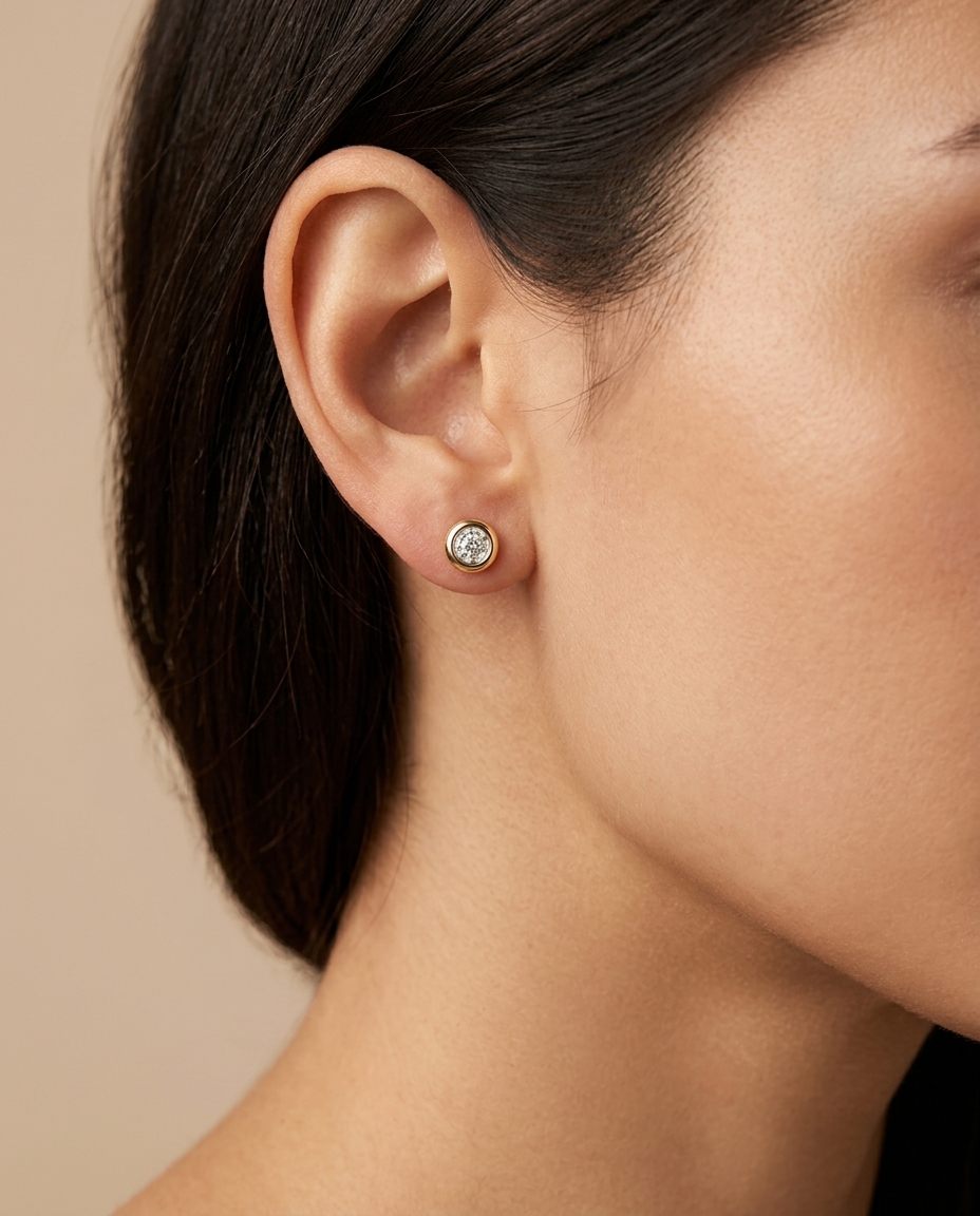 Single Stone Illusion Bezel Earrings in Yellow Gold on model