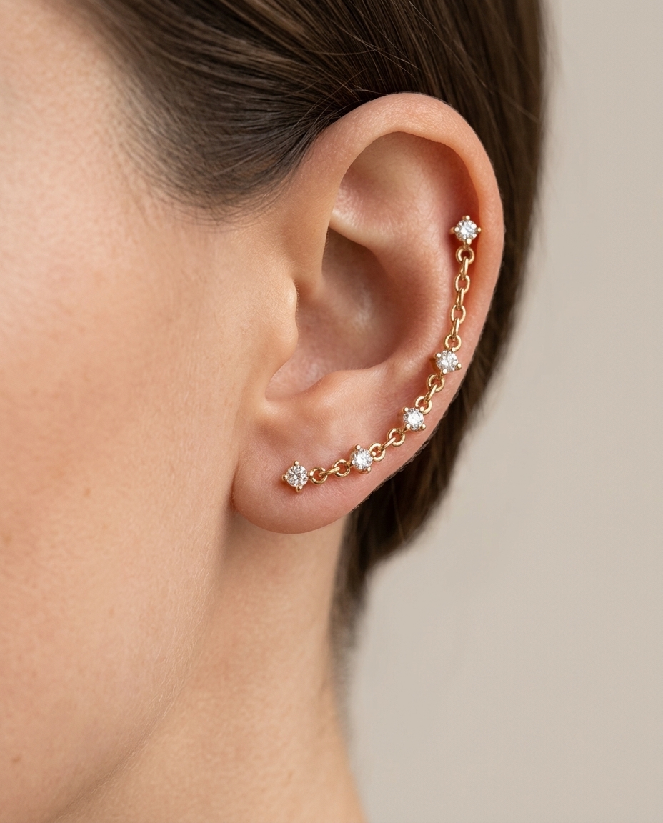 5 Prong Connected Diamond Earrings in Yellow Gold on model