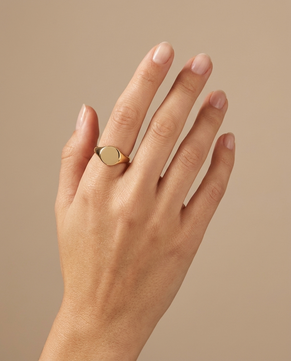 Round Shape Plain Ring in Yellow Gold on model