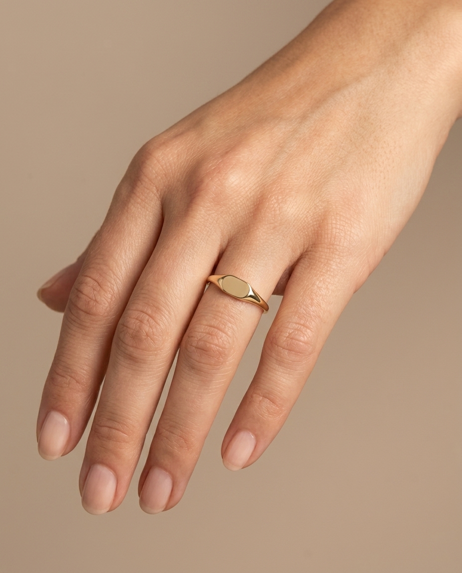 Rectagle Shape Plain Ring in Yellow Gold on model