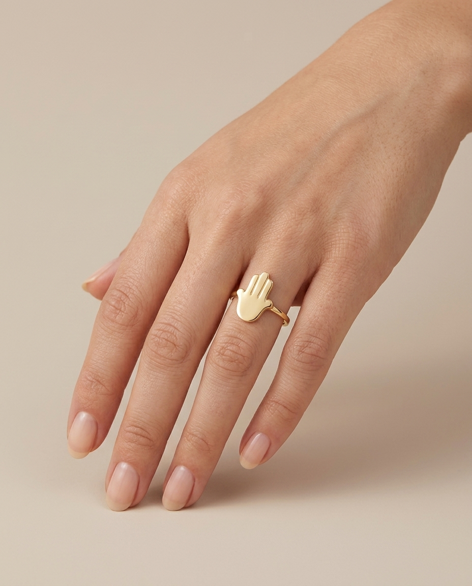 Hamsa Ring in Yellow Gold on model