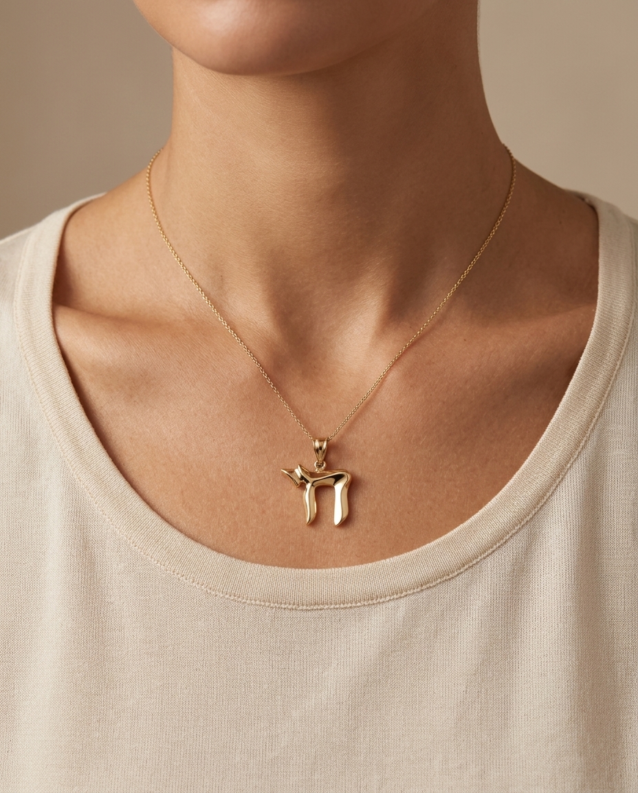 Chai Pendant in Yellow Gold on model
