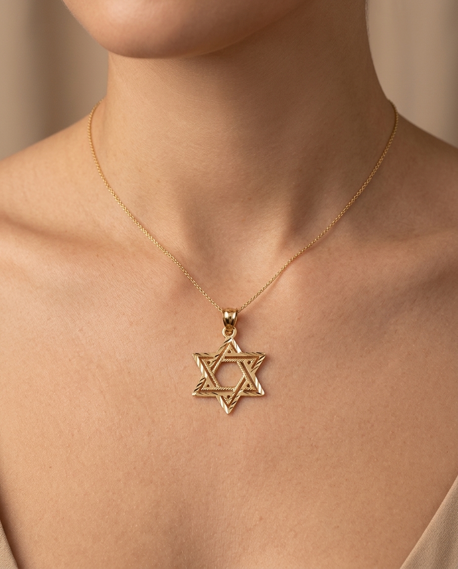 Star of David Pendant in Yellow Gold on model