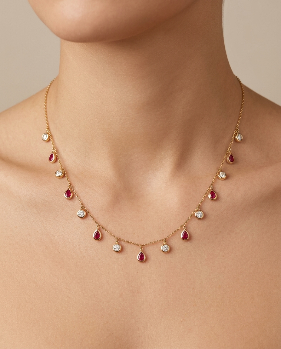 Diamond and Ruby Dangling Necklace Ruby, Diamond in Yellow Gold on model