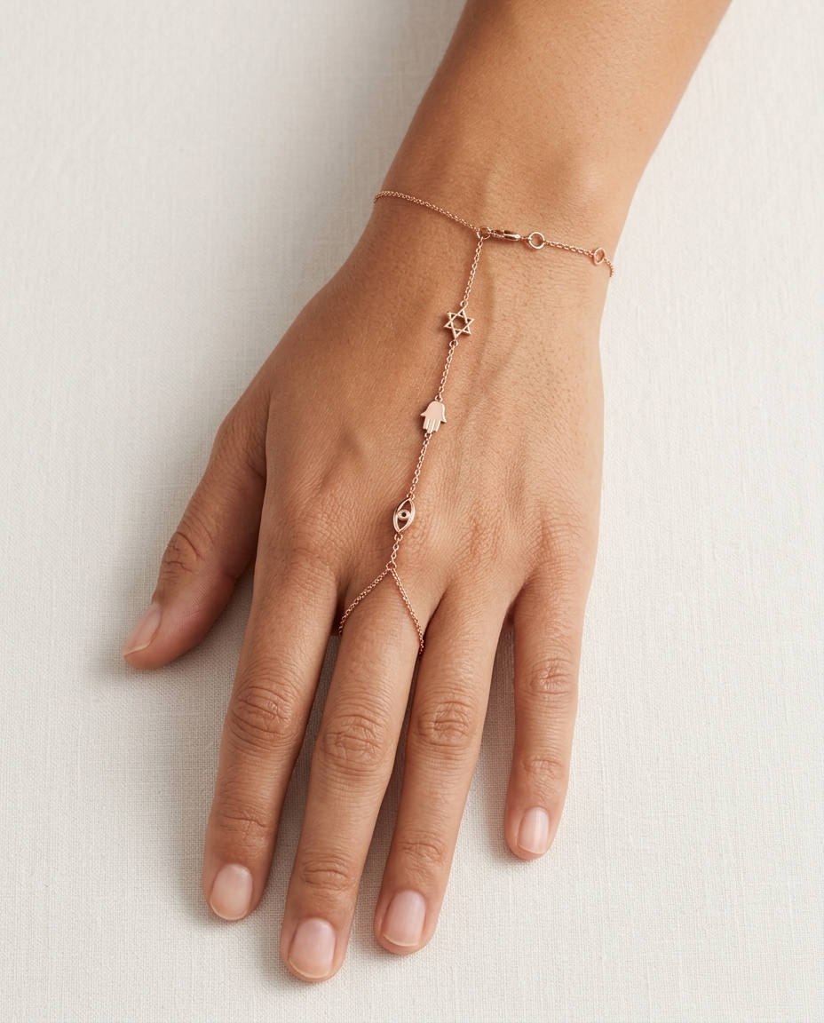 Hand Chain with 3 Jewish Charms in Rose Gold on model