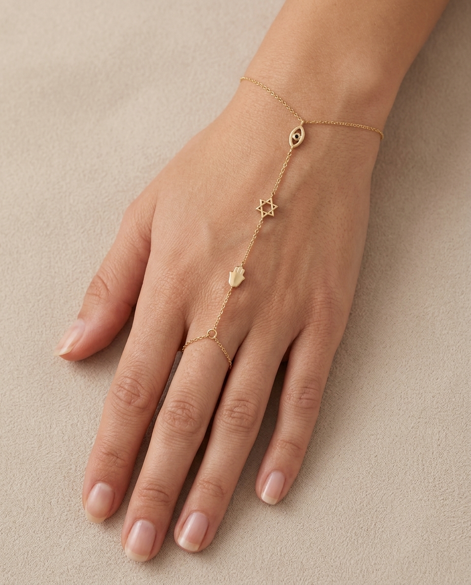 Hand Chain with 3 Jewish Charms in Yellow Gold on model