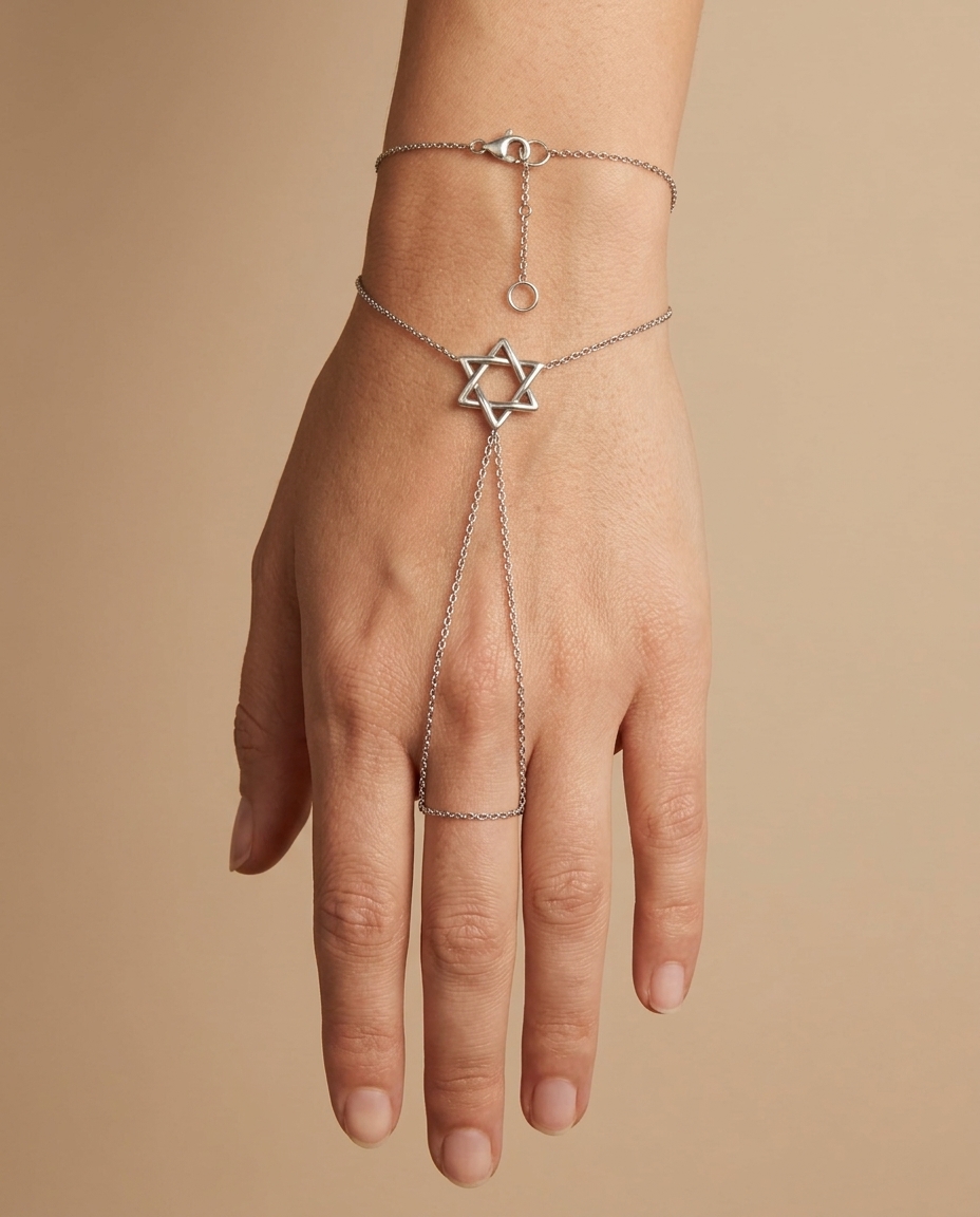 Double Loop Star of David Hand Chain in White Gold on model