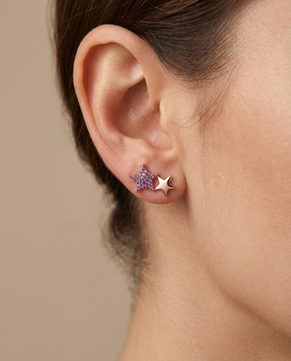 Pink Sapphire Star Earring in Rose Gold on model