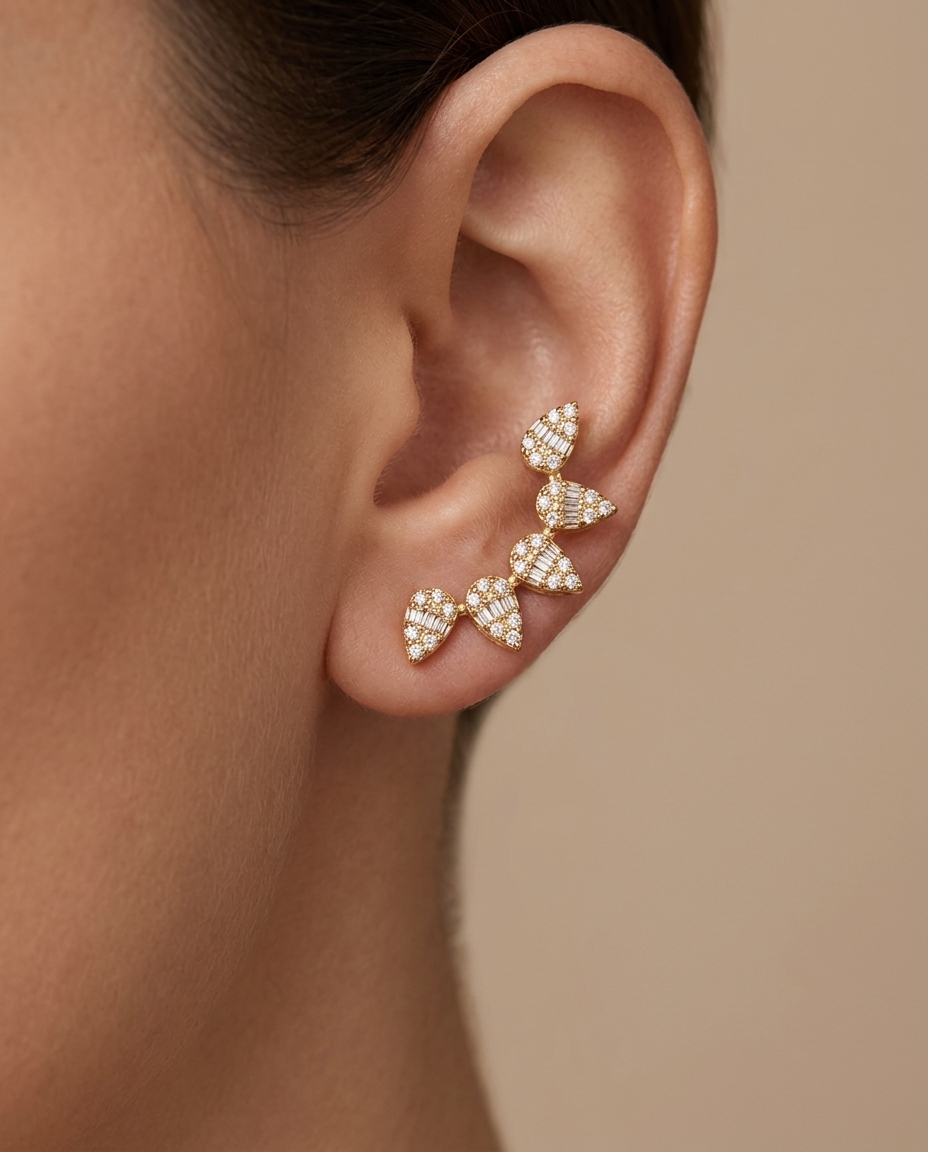 Diamond Open Hoop Earring (Crawler) . in Yellow Gold on model