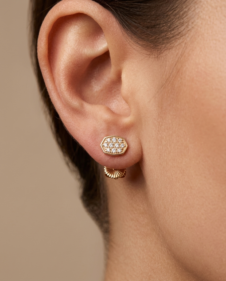 Diamond Earring Stud . in Yellow Gold on model