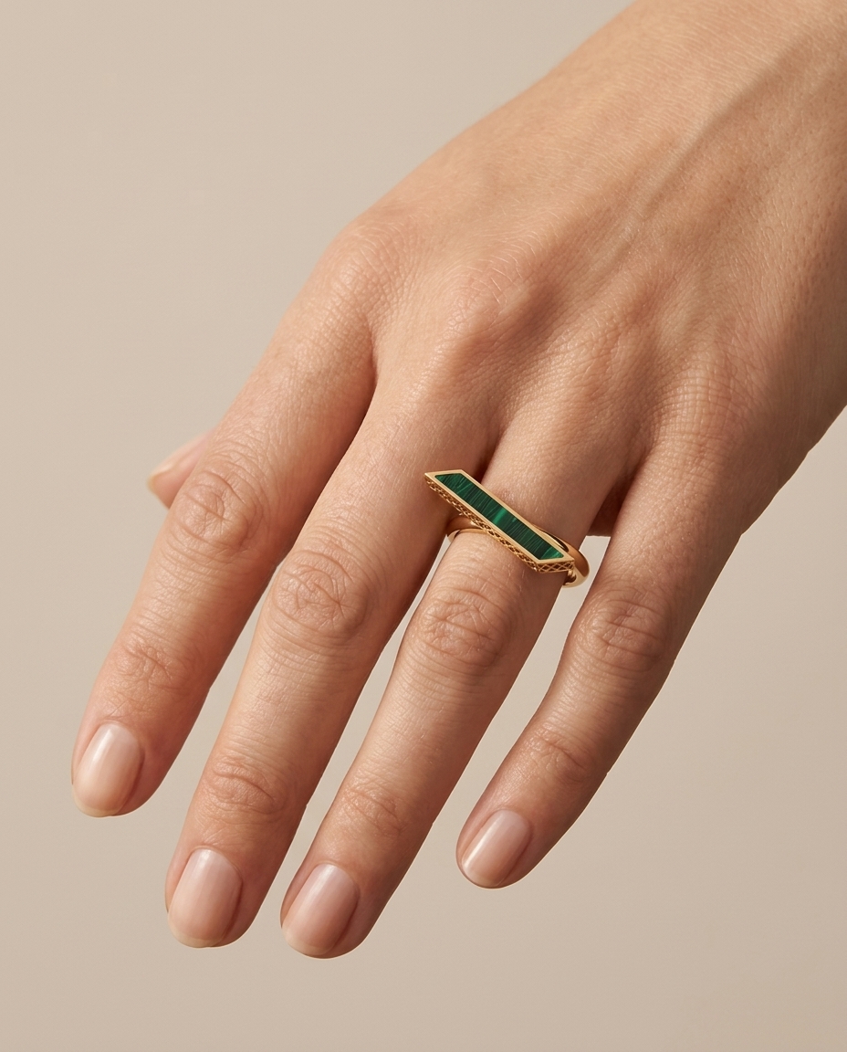 Malachite Enamel Ring in Yellow Gold on model
