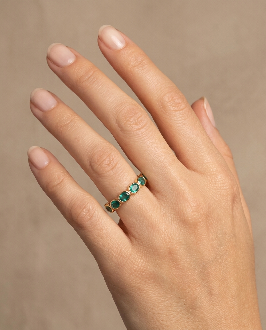 Emerald Oval Bezel Ring in Yellow Gold on model