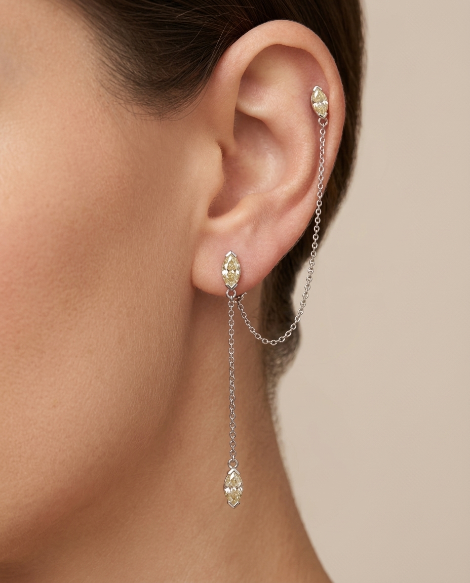 Diamond Marquise Shape 4 Pcs with Chain Earring Diamond in White Gold on model