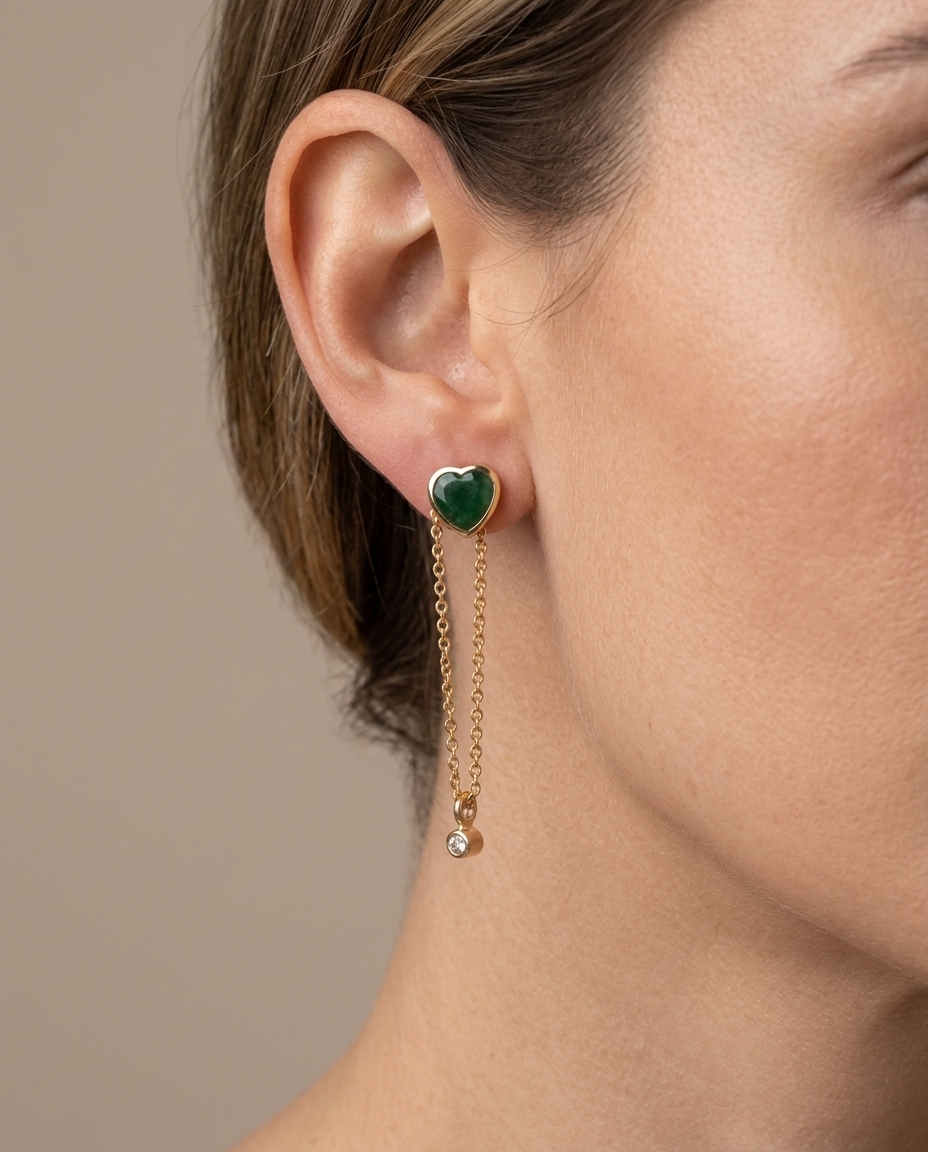 Emerald Heart with Chain Earrings in Yellow Gold on model