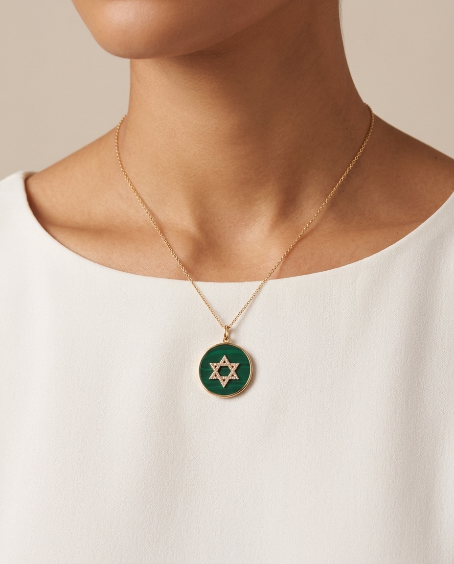 Malachite Star of David Pendant in Yellow Gold on model