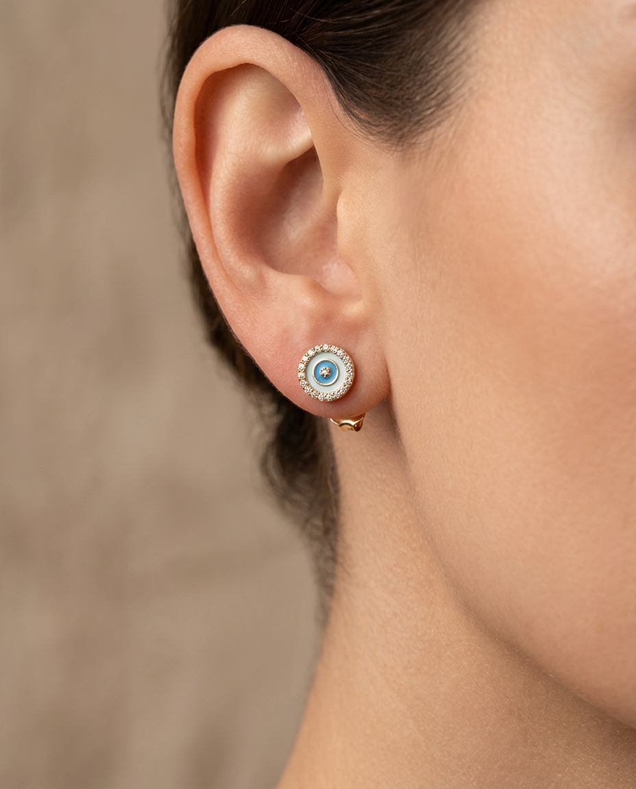Evil Eye Enamel Diamond Earring in Yellow Gold on model
