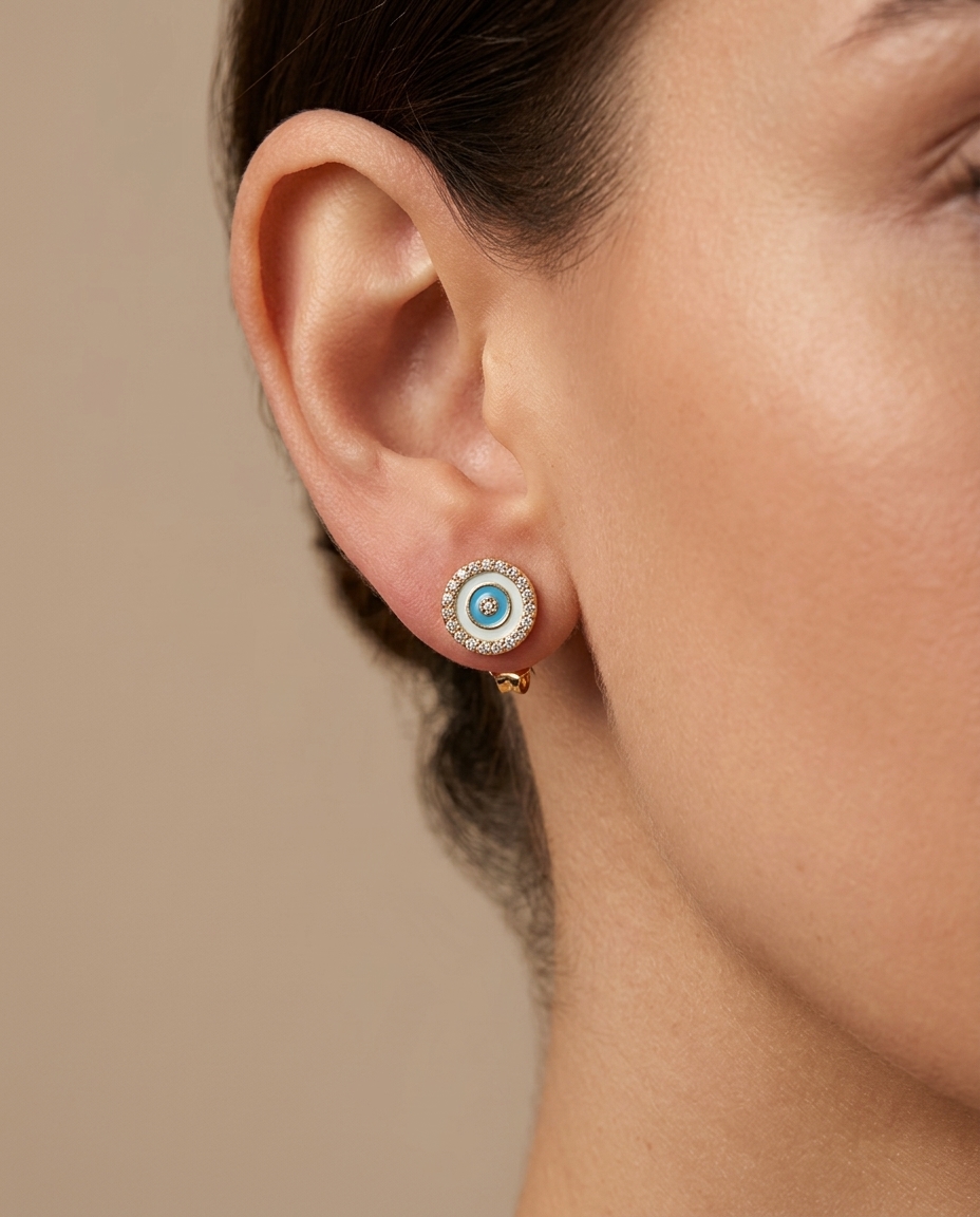 Evil Eye Enamel Diamond Earring in Yellow Gold on model