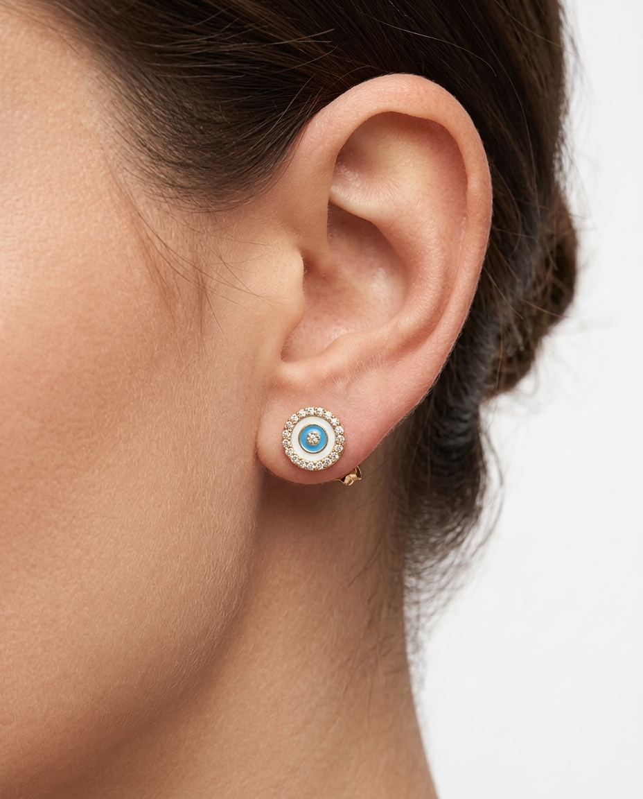 Evil Eye Enamel Diamond Earring in Yellow Gold on model